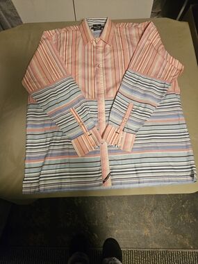 🤑Striped Long-Sleeve Button-Down Shirt in Coral, Light Blue and White 3X